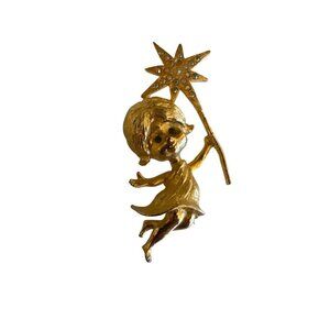 Vintage Mylu Gold-Tone Fairy Brooch With Rhinestone Star‎ Wand